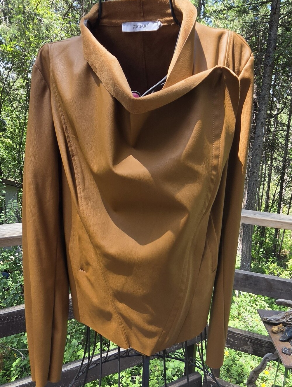 JustFab Cognac Brown/tan Faux Suede Draped Leather Jacket SzL - Picture 6 of 13